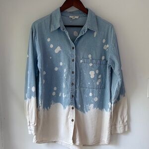 Entro Bleached Splatter 100% Cotton Oversized Denim Button Down Shirt Small
